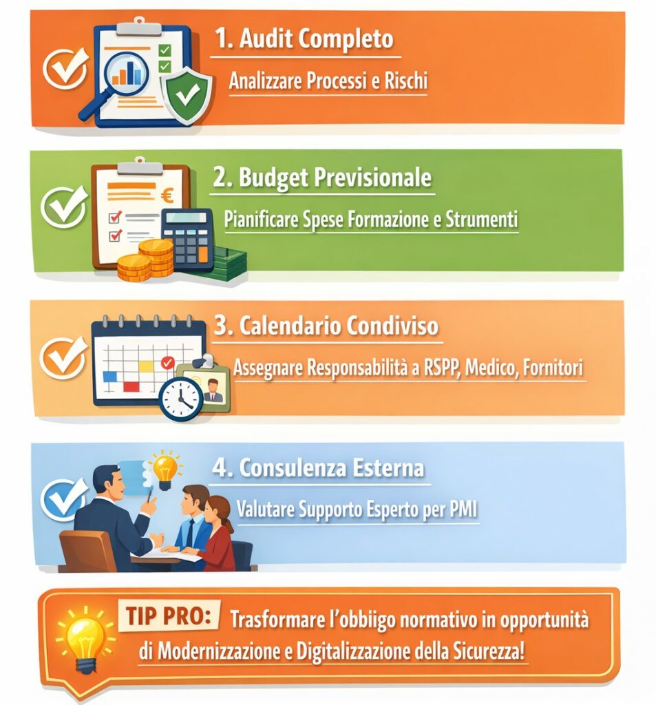 Infografica italiana 'Checklist Step-by-Step' sulla sicurezza sul lavoro, con quattro fasi: 1) Audit completo: analizzare processi e rischi; 2) Budget previsionale: pianificare spese formazione e strumenti; 3) Calendario condiviso: assegnare responsabilità a RSPP, medico competente e fornitori corsi; 4) Consulenza esterna per PMI: supporto esperto. Tip pro evidenziato: trasformare obbligo normativo in opportunità di modernizzazione e digitalizzazione della sicurezza. Stile moderno con icone e colori professionali