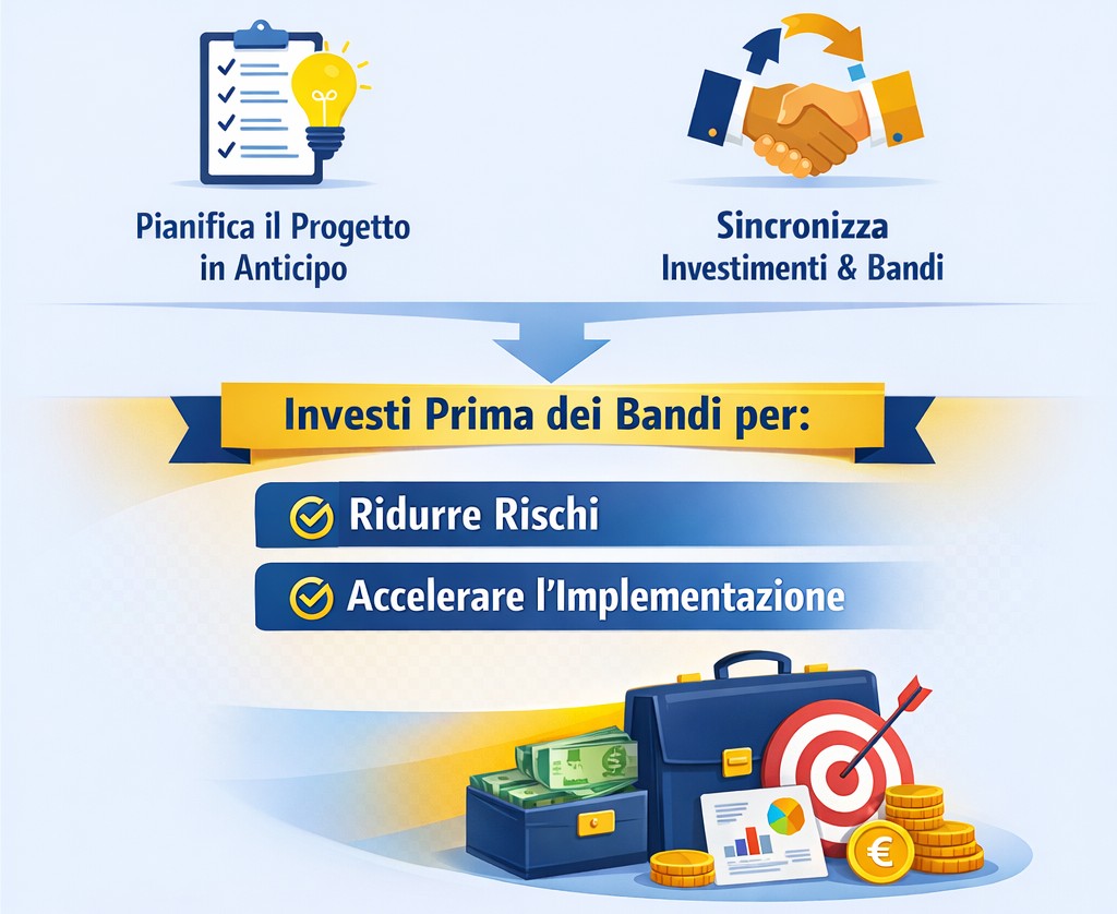 Infografica 'Strategia: Pianificare Prima dei Bandi' – top performer con progetti pronti, icone di lista con lampadina (Pianifica il progetto) e stretta di mano con frecce (Sincronizza investimenti e bandi).